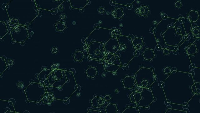 A intricate molecular structure composed of green and black shapes interconnected by lines, with black shapes positioned in the center