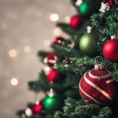 Close-UP of Christmas Tree, Red and Green Ornaments against a Defocused Lights Background