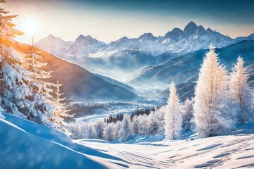 Winter snow landscape. Christmas background. Fir tree forest on ski mountain. Frozen nature view, sun in sunset sky. Frost wood scenery. Cold white ice cover. New year snowy scene. Xmas holiday travel - obrazy, fototapety, plakaty