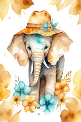 elephant in a boho hat on a white background