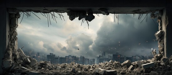 A building s body with debris and concrete fragments hanging against a gray sky Background a hole