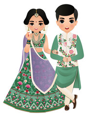 Bride and groom cute couple indian dress cartoon character