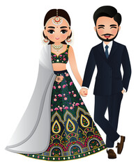 Bride and groom cute couple indian dress cartoon character