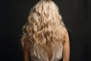 Fototapeta premium Back view young woman with long blond curly hair at back on studio background.