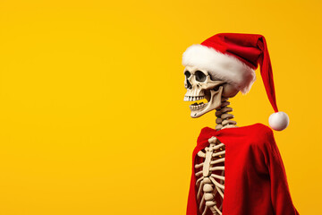 Skull with open mount wearing red Christmas hat and rsmiling. Anatomical skeleton head on human body. Bright yellow studio background. Xmas New Year event celebration concept