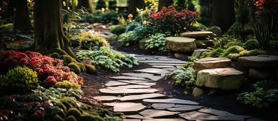 Fototapeta na wymiar Landscaping concept Close up of path with stone slabs bark mulch and native plants