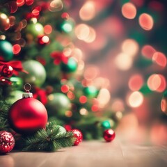 Obraz premium Close-UP of Christmas Tree, Red and Green Ornaments against a Defocused Lights Background