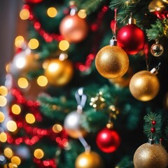 Fototapeta premium Close-UP of Christmas Tree, Red and Golden Ornaments against a Defocused Lights Background