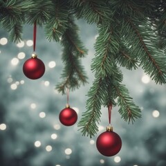 Obraz na płótnie Canvas Close-UP of Christmas Tree, Red Ornaments against a Defocused Lights Background