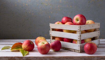close up of apples and wooden crate on table autumn and harvest concept