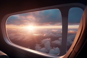 Naklejka premium A view from the window of an airplane. Flying over the ground, view over an abyss, flying . Beautiful scenic view of sunset through aircraft window. Image save-path for window airplane.