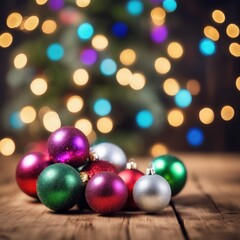 Fototapeta premium Close-UP of Christmas Tree, Red and Green Ornaments against a Defocused Lights Background