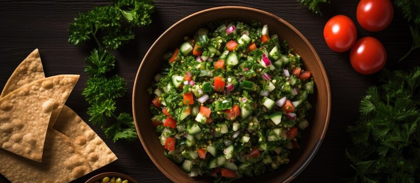 Lebanese salad with tabbouleh and fattouch viewed from above