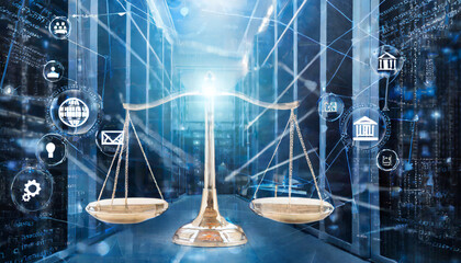 digital law concept with law scales on data center background showcasing duality of judiciary jurisprudence justice and data in the modern world with copy space - obrazy, fototapety, plakaty
