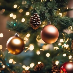 Fototapeta na wymiar Close-UP of Christmas Tree, Gold Ornaments against a Defocused Lights Background