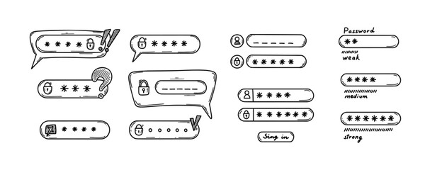 Verification doodle. Password weak, medium and strong interface. Login icon. Cybersecurity hand drawn concept. Personal data access lock. - obrazy, fototapety, plakaty