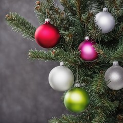 Obraz na płótnie Canvas Close-UP of Christmas Tree multicolor Ornaments against a Defocused Lights Background