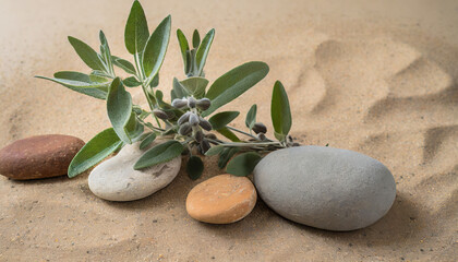 Fototapeta na wymiar minimalist nature sage twig and pebble rocks on sand serene botanical background