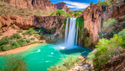 a view of havasu falls from the hillside above the falls the turquoise colored water flowing in to the pool below is surreal and one of a kind in the desert of arizona - obrazy, fototapety, plakaty