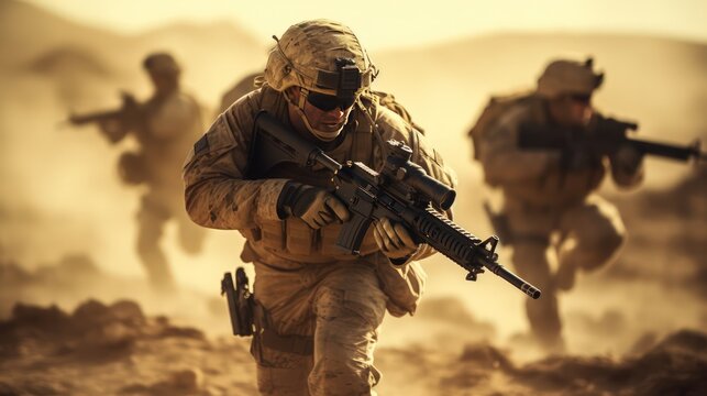 Several soldiers advances with unwavering resolve demonstrating remarkable courage in face of danger. Soldiers in squad with unwavering resolve press forward during ferocious battle