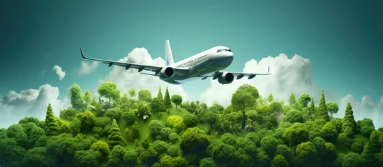 Poster Environmentally friendly aerial transportation concept with plane in sky amidst green trees minimizing pollution and emissions © 2rogan