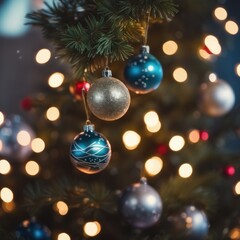 Fototapeta na wymiar Close-UP of Christmas Tree multicolor Ornaments against a Defocused Lights Background