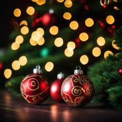Close-UP of Christmas Tree, Red Ornaments against a Defocused Lights Background