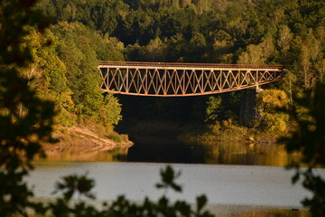 Old steel railway bridge at the dam in Pilchowice, Poland. Aerial footage