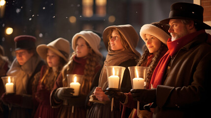 People, children and adults of different ethnicity and culture, singing christmas carols by night with candle in their hands 
