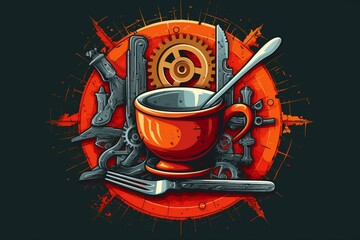 Repair-promoting logo with tools and coffee. Generative AI