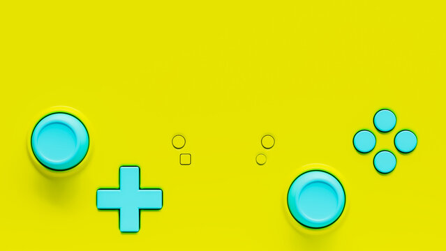 3d illustration of green video game controller with blue buttons and analog sticks