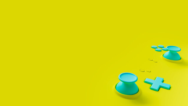 Green video game controller with blue buttons and analog sticks, 3d illustration