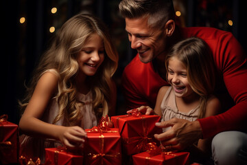 Obraz na płótnie Canvas Happy family in New Year, Merry Christmas, Christmas tree, New Year gifts, father mother abd child happy emotions xmas comfortable fireworks together winter snow.