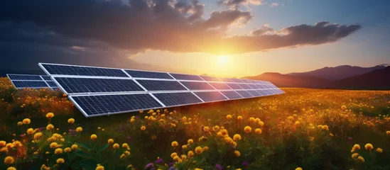 Poster Flower field with sunset and solar panels © 2rogan