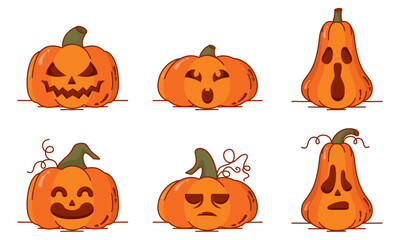 Set of spooky carved halloween pumpkin icons Vector