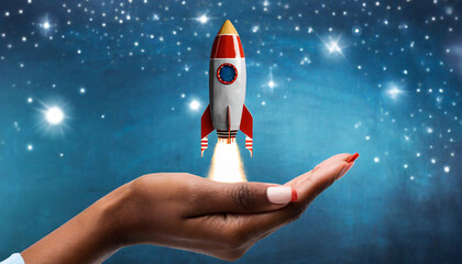 cosmic exploration space rocket launching from womans hand against blue blurry background