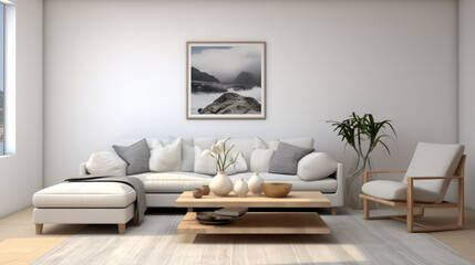 Minimalistic interior design style, living room with clean line and neutral tones, with natural elements, calming, relaxing, tranquility