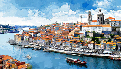 illustration of beautiful view of the city of porto portugal - obrazy, fototapety, plakaty