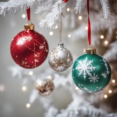 Close-UP of Christmas Tree, Red and Green Ornaments against a Defocused Lights Background