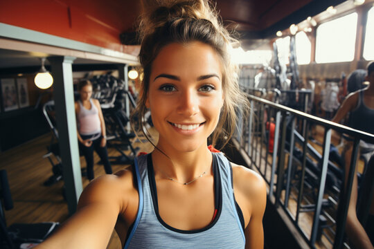 Sporty female athlete smile, take selfie for blog inspiration and progress post. Fitness, exercise fitness gym selfie portrait of woman happy about workout, training motivation, body wellness
