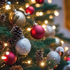 Close-UP of Christmas Tree, Red and silver Ornaments against a Defocused Lights Background