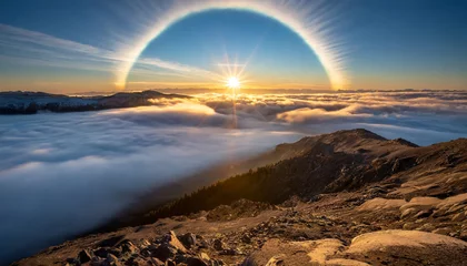 Schilderijen op glas sunrise above the clouds from a mountain peak sun creating a halo effect © Marsha