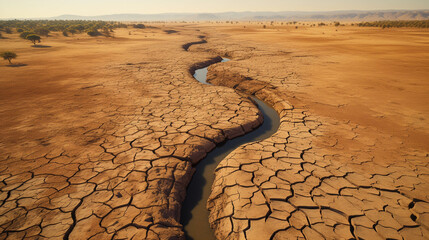 Aerial view of a parched riverbed cutting through an expansive arid landscape, cracked earth stretching for miles, hot and sunny