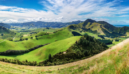 high resolution panoramic landscape with green hills in new zealand northern island - obrazy, fototapety, plakaty