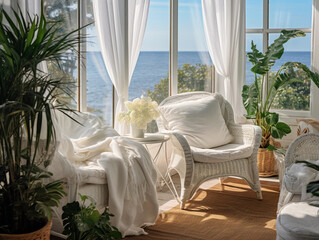 Fototapeta na wymiar Coastal - themed sunroom, wicker furniture, white sheer curtains, seashell decor, tropical plants, ocean view in the background