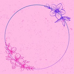 Elegant floral round frame for celebration card in pink and violet