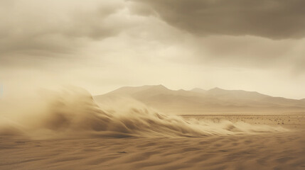 Fototapeta na wymiar Dust storm rolling in over an arid landscape, natural sepia tones, texture in the swirling dust captured in high detail
