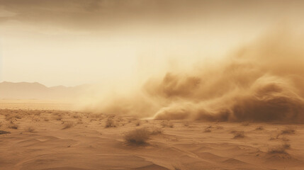 Dust storm rolling in over an arid landscape, natural sepia tones, texture in the swirling dust captured in high detail