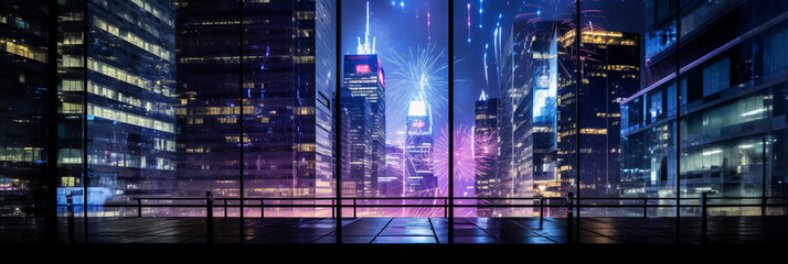 Fireworks reflected on a glass skyscraper, cityscape at night, cool tones, purple and blue...