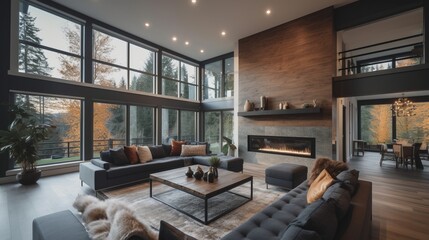Naklejka premium Interior in luxury home. Beautiful living room interior in new luxury home with open concept floor plan. Shows wall of windows with amazing exterior, sofa & fire place. Designer concept